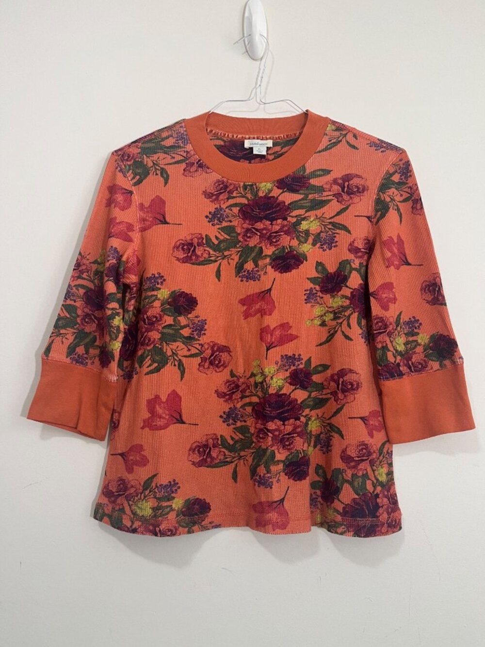 Sundance Floral Waffle Knit Thermal Top Size PL 3/4 Sleeve Orange Boho Retro